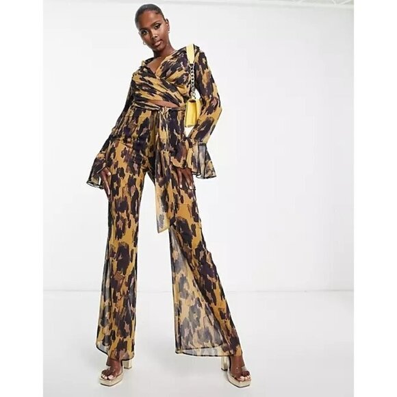 Asos Design Wrap Front Fluted Sleeve Jumpsuit Flowy Leopard Print - Picture 12 of 12